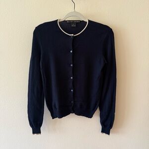 Ralph Lauren Black Label Navy Blue Cashmere Cardigan with White Trim